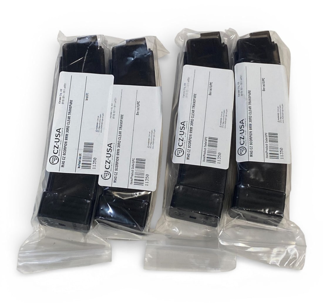 NIB (4) Factory CZ Scorpion 30-Round 9mm Clear Transparent Magazines: #11350