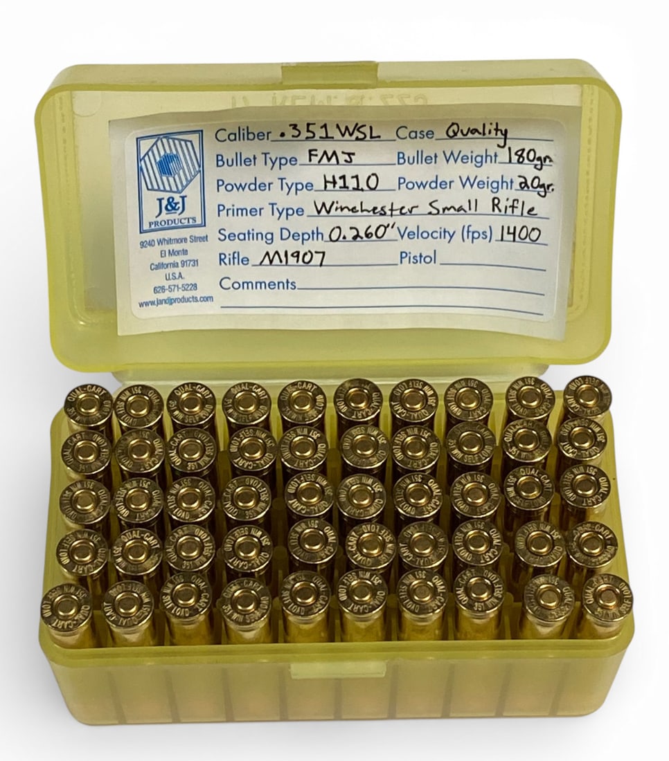 50rds. of .351 WSL (Winchester Self-Loading) 180gr. FMJ M1907 Rifle Ammunition: Quality Loads in Container 