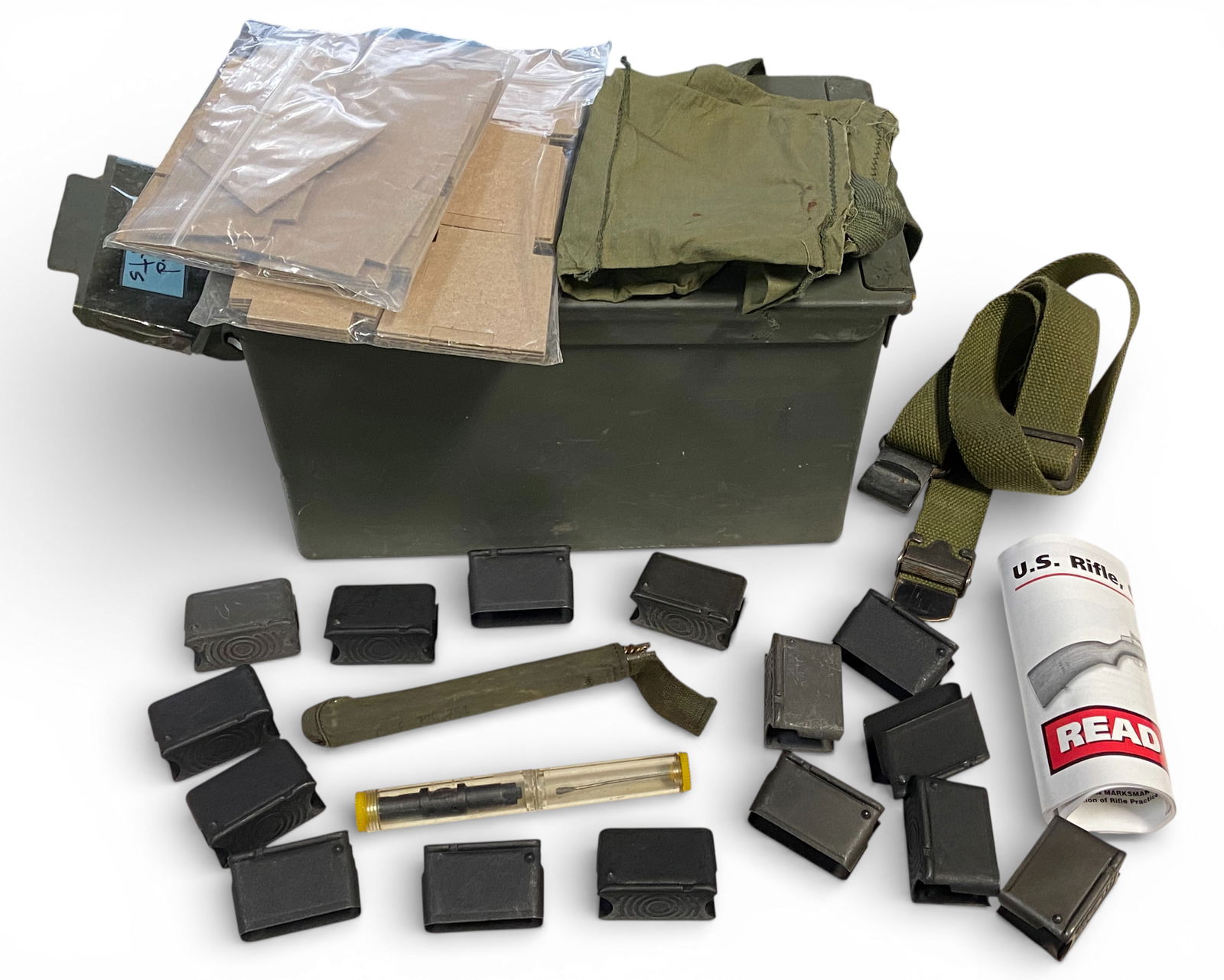 Large lot of M1 Garand Supplies - Sling, Enbloc Clips, Manual, Cleaning Kit, Bandoleer & More: See photos 