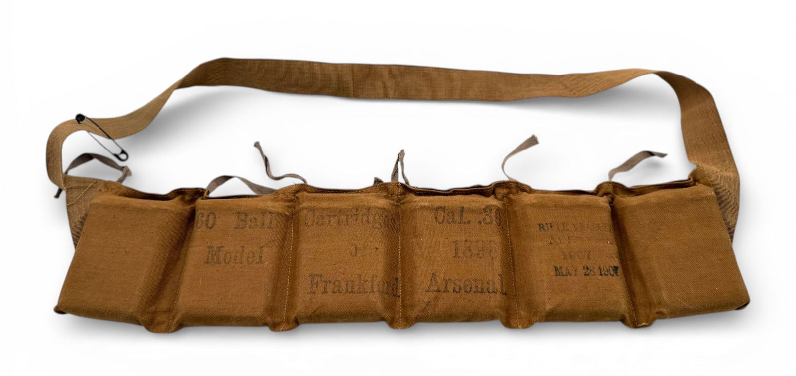 RARE Unopened WWI 1917 Dated Frankford Arsenal .30-40 KRAG-JORGENSON M1898 Ammunition Bandoleer: This is an original and unopened bandoleer for the Springfield Model 1898 Krag-Jorgenson Rifle with 60 Rounds of sealed .30 ARMY (.30-40 KRAG) Ammunition inside. Bandoleer is well marked and dated