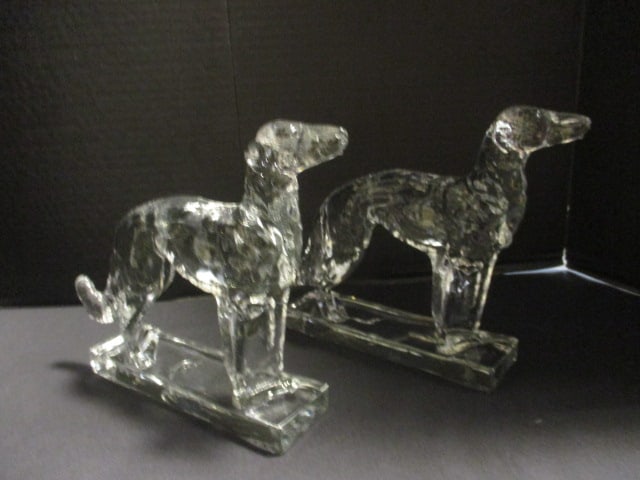 Pair of 1940's Martinsville Borzoi Wolfhound Glass Bookends: 7 1/4"h, 9" long, identification per consigner note 