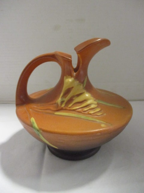 1940's Roseville Pottery Brown "Freesia" Ewer: 6"h, has receipt from 1991 Antique Store purchase 