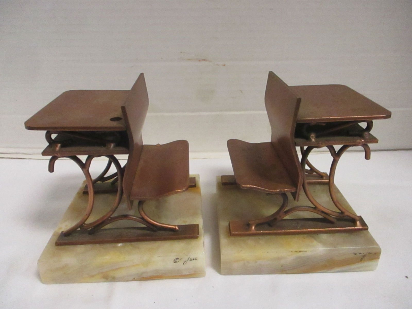 Pair of Curtis Jere Student Desk Sculptures with Marble Bases: 4 1/2"h, both signed on bases