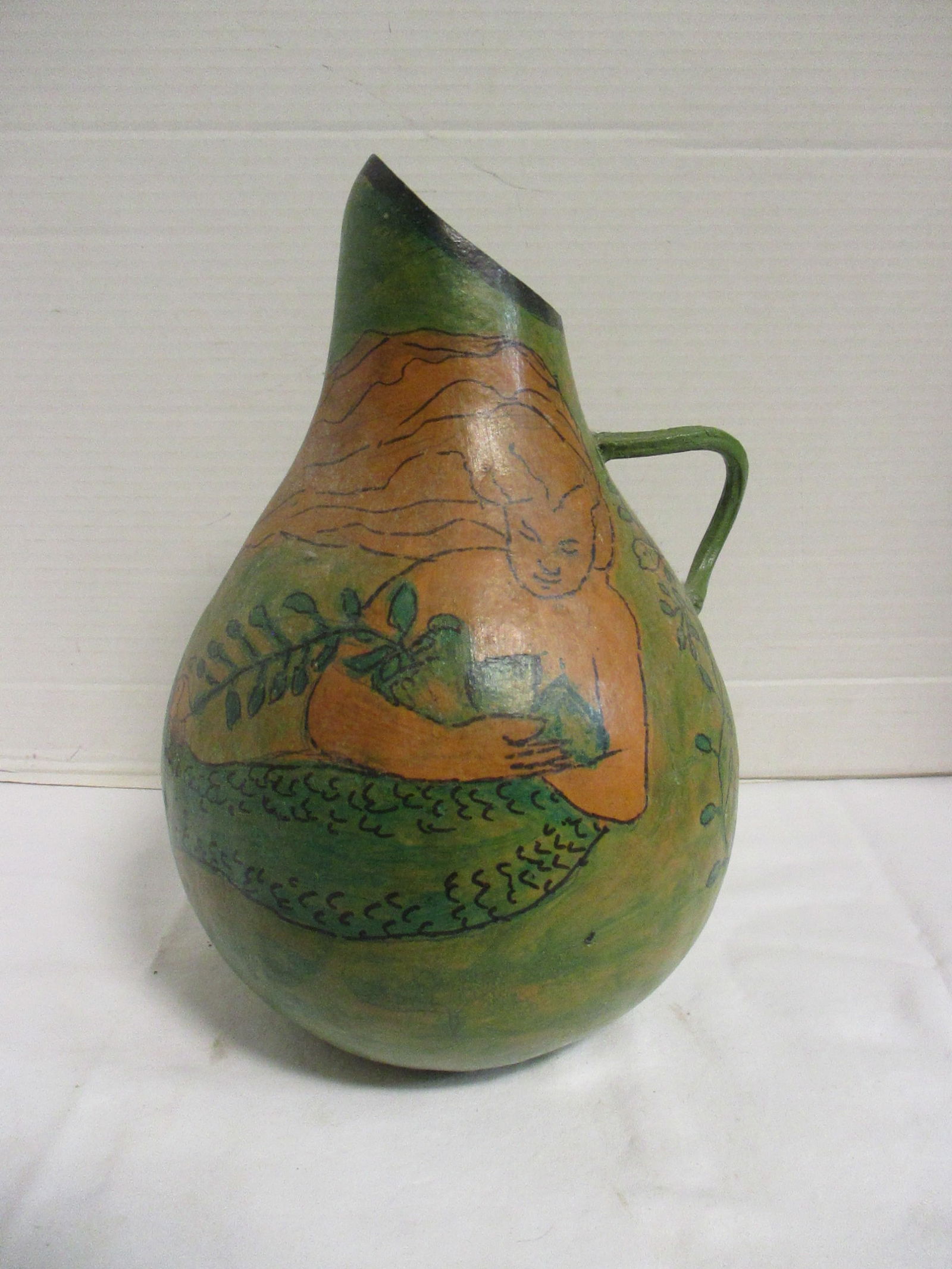 Folk Art Handpainted Mermaid Motif Gourd Pitcher (1 of 8)