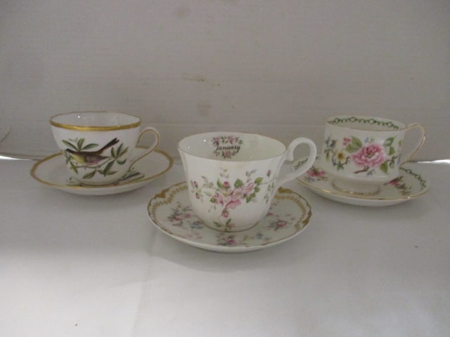 Three Fine Porcelain China Teacup and Saucers: Spode Chickadee, Staffordshire January and Paragon "Tay'San" 