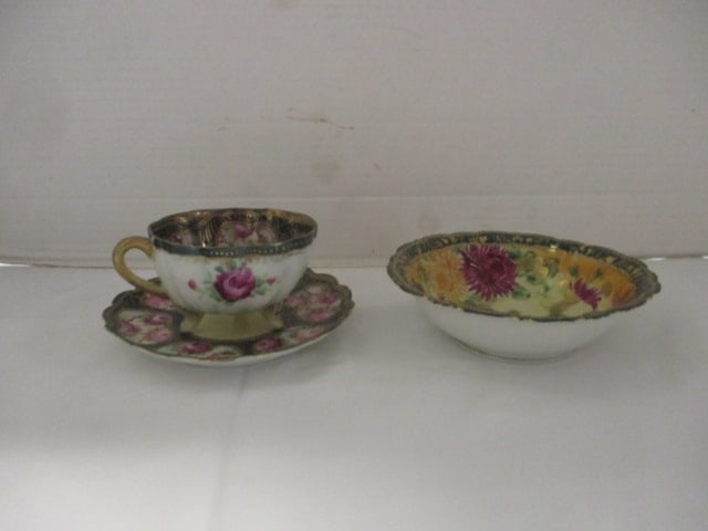 Antique Handpainted Morimura Brothers Nippon Footed Cup, Saucer and Bowl: per consigner note mark on bottom dates to 1891-1911 