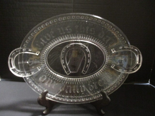 Circa 1880's Adams Glass EAPG "Give Us this Day our Daily Bread" Bread Tray with Easel: 13" long handle to handle, age per consigner note 