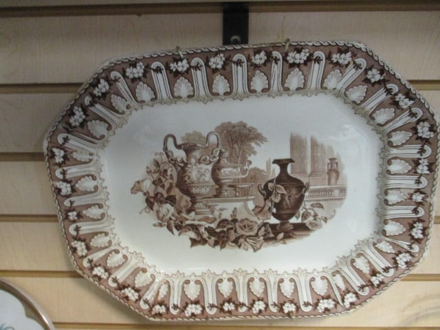 Antique 1856 Joseph Clementson & Brothers "Claremont" Transferware Platter: 15 1/2" x 12", age per consigner note, includes plate hanger 