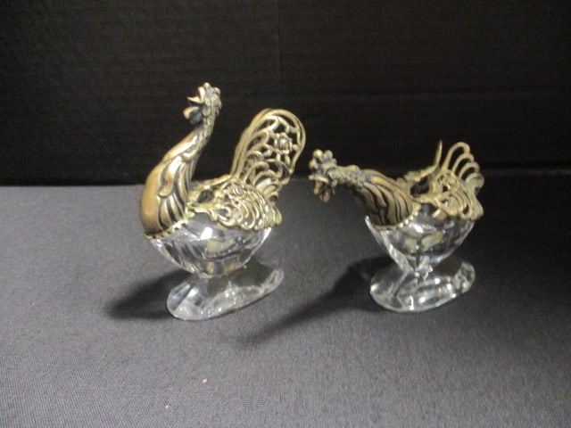 Antique .835 Silver and Cut Glass Gamecock Salts with Mother of Pearl Spoons (1 of 8)