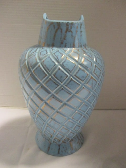 1960's Midcentury Hatch Pattern Blue Glazed Vase: per consigner possibly Haegar, 12 1/2"h 