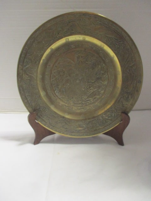 Vintage Etched Brass Dragon Motif Chinese Incised Charger with Easel: 10"dia, molded signed dragon mark on back 