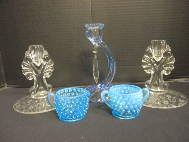 Elegant Glassware Candle Holders and Fenton Blue Hobnail Creamer and Sugar Bowl: Fenton Creamer and Sugar are unmarked 