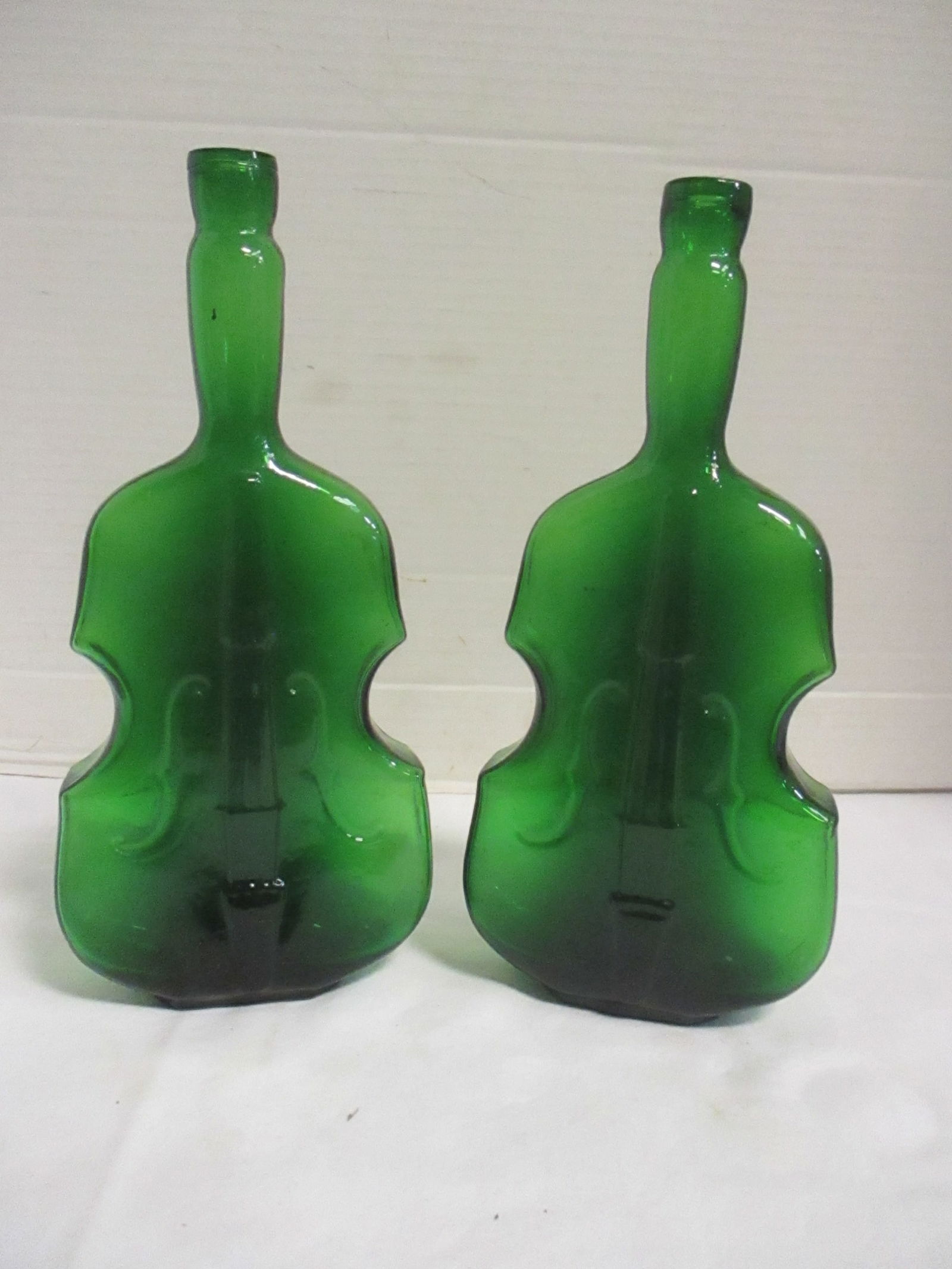 Pair of Vintage Forest Green Shaped Cello Form Bottles (1 of 7)