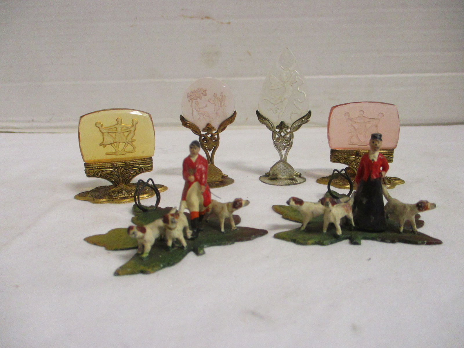 Six Vintage European Place Card Holders: Czechoslovakia Brass and Glass, German Metal Hunt Scene