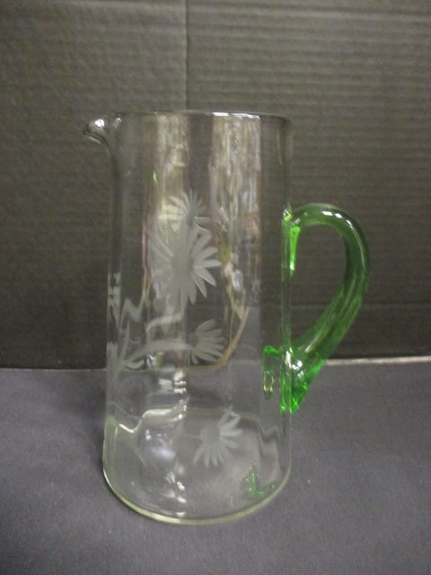 1960's Tiffin Etched Glass Pitcher with Uranium/Vaseline Glass Applied Handle: 8 1/2"h, date per consigner note 