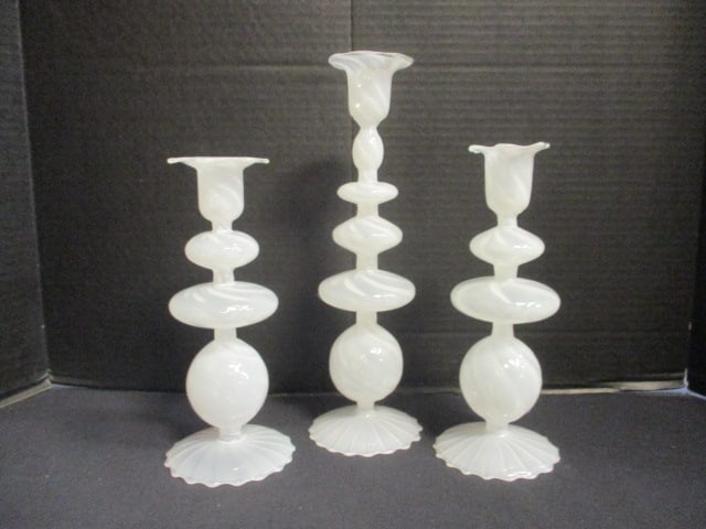 3 Piece Hand Blown White Swirl Art Glass Candle Holders (1 of 9)