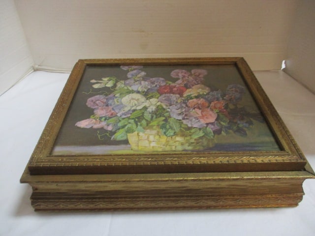 1940-50's Italian Gold Gilt Wood Dresser/Jewelry Box: 14" x 12" x 3 1/4", lid has framed floral still life lithograph top with mirror interior 