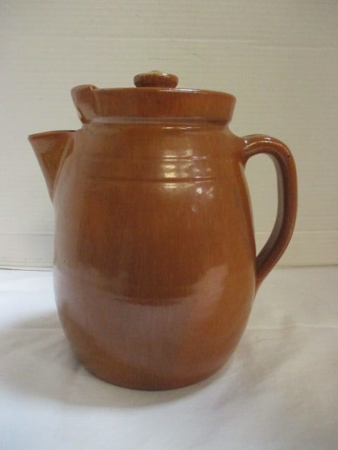 Rare 1920's J.H. Owen for Jugtown NC Lidded Pitcher with Ice Lip: 9"h, light crude natural imperfections 