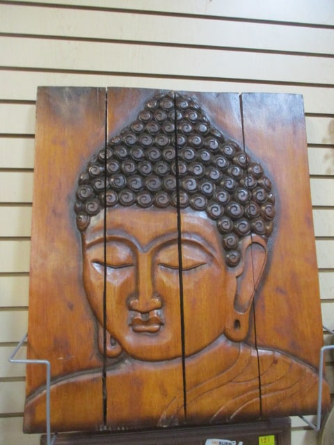 Solid Wood Carved Buddha in Relief Wall Plaque: 23" x 27", Local Pickup Only 