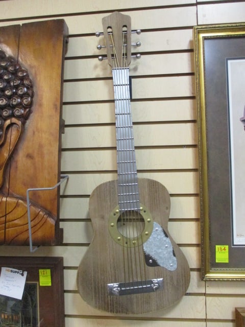 Decorative Mixed Medium Guitar Shaped Wall Hanging: 13"w x 36"h, wood and textured metal, Local Pickup Only 