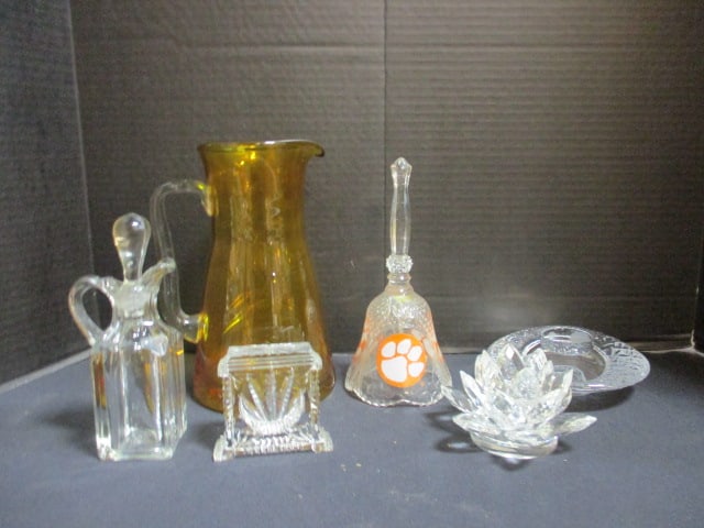 Amber Glass Pitcher, Crystal Cruet, Waterford Desk Clock Case, Orrefors Votive Holder,: Crystal Votive Holder, Clemson Bell and Crystal Prism Flower Candle Holder