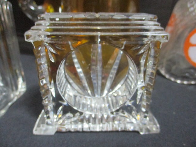 Amber Glass Pitcher, Crystal Cruet, Waterford Desk Clock Case, Orrefors Votive Holder, - 9