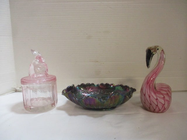 Murano Style Art Glass Flamingo, Fenton Iridescent Dish and Pink Vanity Jar with: Rabbit Finial 