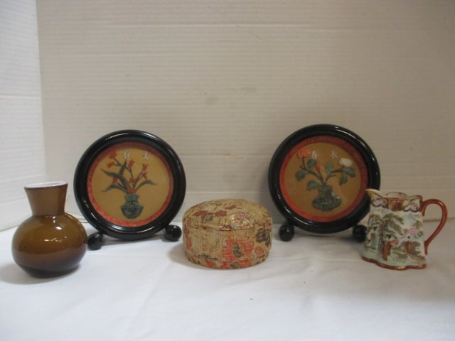 Peking Glass Vase, Two Carved Jade/Ivory/Coral Florals in Lacquered Shadow Box Frame,: Silk Covered Trinket Box and Satsuma Creamer 