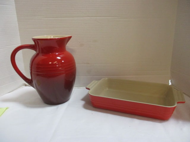 Le Creuset Cerise Pitcher and Casserole Baker: Pitcher 9", casserole 12 1/4" handle to handle x 7" x 2"