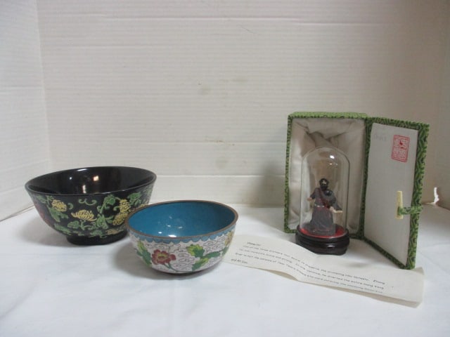 Cloisonne Bowl, Dragon Motif Porcelain Bowl and Fabric Covered Box: . 