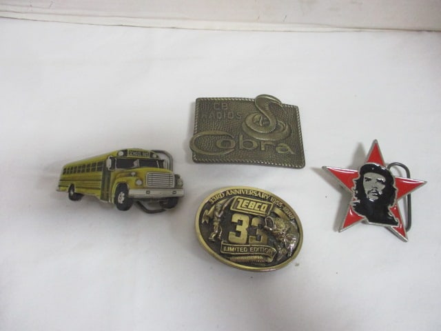 Four Old Belt Buckles: 1970's Brass Cobra CB, 1970's Zebco, 1982 Yellow School Bus Serial #1026 and 2000 Che Guevara(Mobtown Chicago Cuba Activist-Died 1967) 