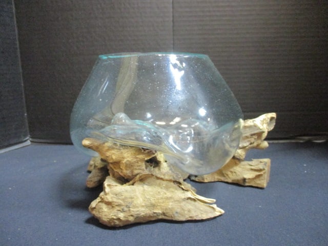 Artisan "Melted" Art Glass Bowl on Driftwood Base (1 of 8)