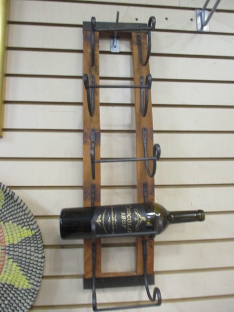 Wine Barrel Stave Wall Wine Rack with Wrought Iron Bottle Holders: 7" x 29" 
