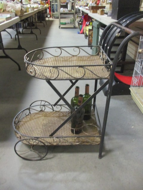 Metal Tiered Beverage Cart with Bottle Holders: 17" x 30" x 32", some finish wear and rust spots, Local Pickup Only