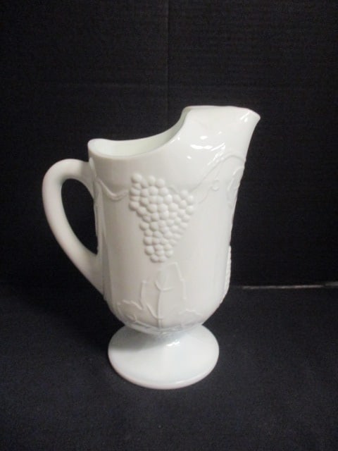 Vintage Indiana Colony Harvest Milk Glass Pitcher with Ice Lip: 11 1/4"h, Grape & Leaf in relief pattern 