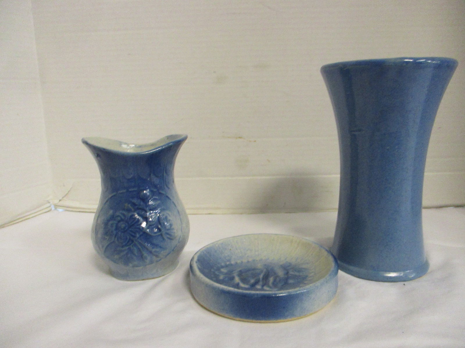 Vintage Blue Salt Glaze Stoneware Soap Dish, Toothbrush Holder and Vase (1 of 15)