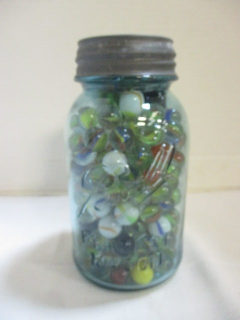 Ball Mason Blue Glass Quart Jar with Zinc Lid Filled with Old Mixed Marbles: . 