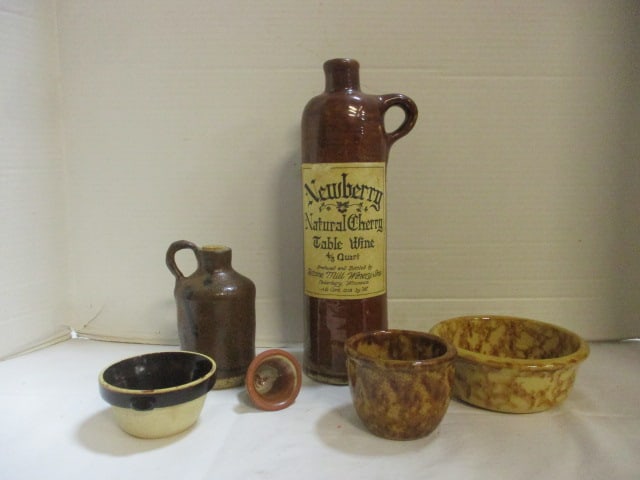 Grouping of Old Stoneware Wine Bottle, Yellow Ware Bowls, Miniature Brown Jug,: Miniature Stoneware Bowl, etc. 