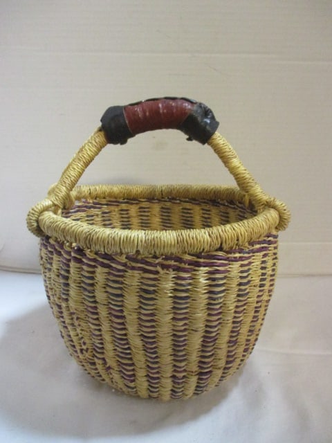 Unique Hand Crafted Woven Basket with Leather Wrapped Handle (1 of 7)