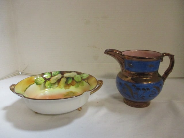 Vintage Handpainted Nippon Handled Dish and Copper Luster Creamer/Pitcher: Bowl 6 3/4"dia, Pitcher 4 7/8"h
