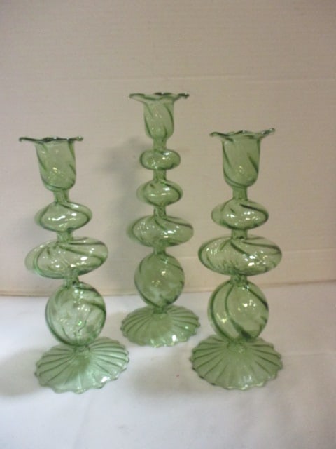 Three Hand Blown Green Art Glass Candle Holders (1 of 7)