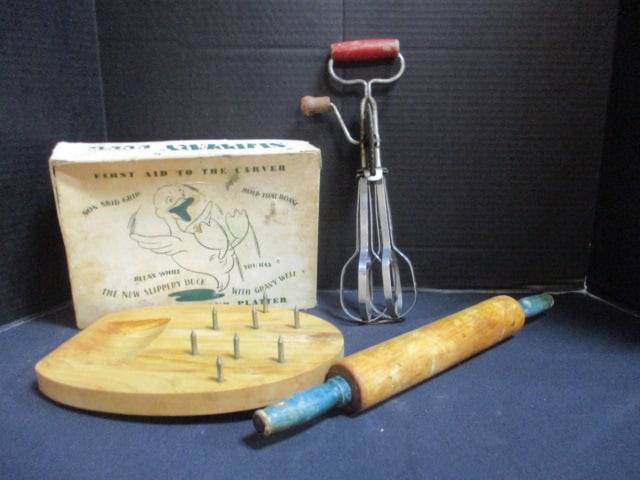 WW II Era Hand Mixer, Rolling Pin and Slippery Duck Carving Board in Original Box: . 