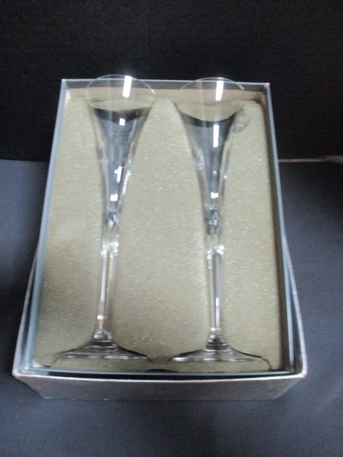 Ceska Signed "Danielle" Crystal Champagne Flutes in Original Box: 10 1/2"h, pattern sold at Macy's in 1980-90's 