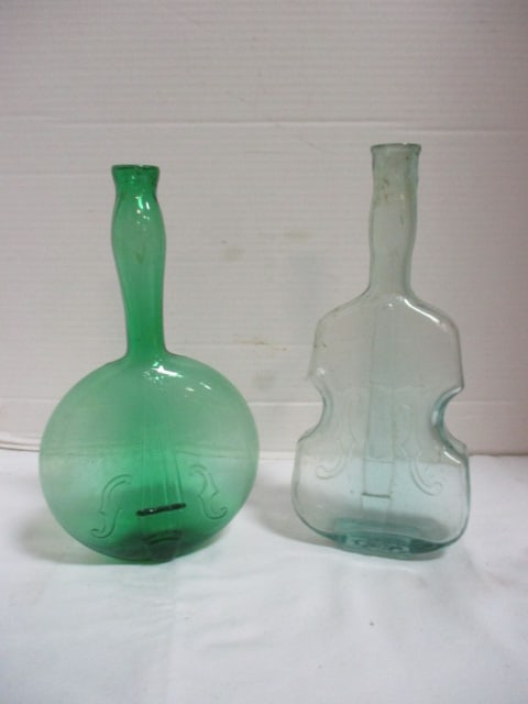 1930-40's Banjo and Violin Shape Bottles: Banjo 9 1/2"h, Violin 10"h 