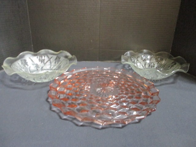 Pink Depression Glass Cubist Dessert Tray and Two Clear Iris & Herringbone Bowls: Tray 12 1/2"dia, (2)9 1/2" dia bowls, per consigner note all by Jeannette Glass 