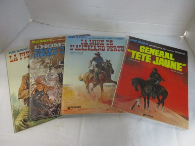 Four 1970's "Fort Navajo Lieutenant Blueberry" French Language Hardback Graphic Adventure Books: See pictures and preview for titles 