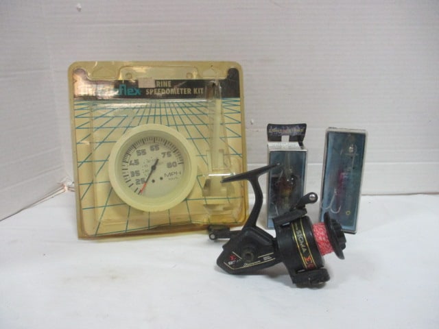 Two New Old Stock "Light-n-Strike" Fishing Lures, Shakespeare Sigma Reel and TeleFlex Marine: Speedometer in Original Package 