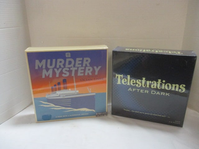 Two New Old Stock Adult Board Games: Murder Mystery and Telestrations, both sealed in plastic 