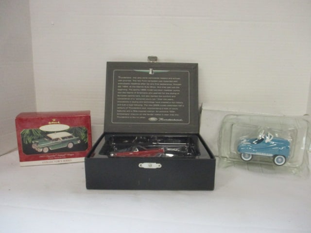 Three Hallmark Keepsake Car Themed Ornaments in Original Boxes: 1999 Kiddie Car Classics "1955 Murray Champion", 1999 "1955 Chevrolet Nomad Wagon" and 2005 "1955 Classic and 2005 50th Anniversary Limited Edition Thunderbird" 