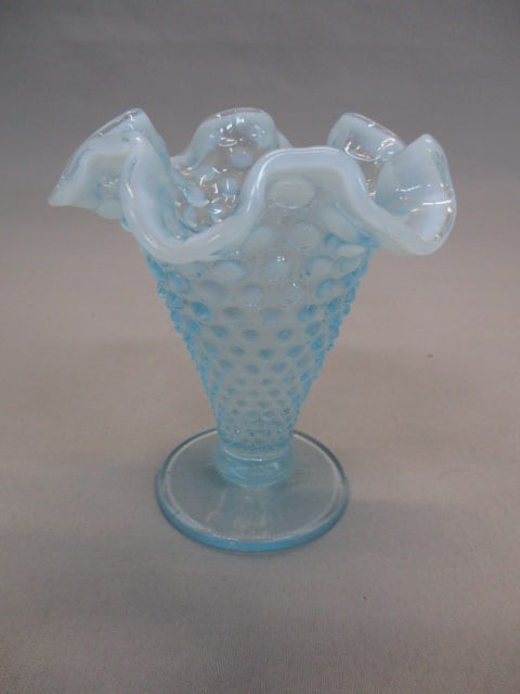 Fenton Blue Opalescent Hobnail Ruffled Edge Bud Vase (1 of 4)